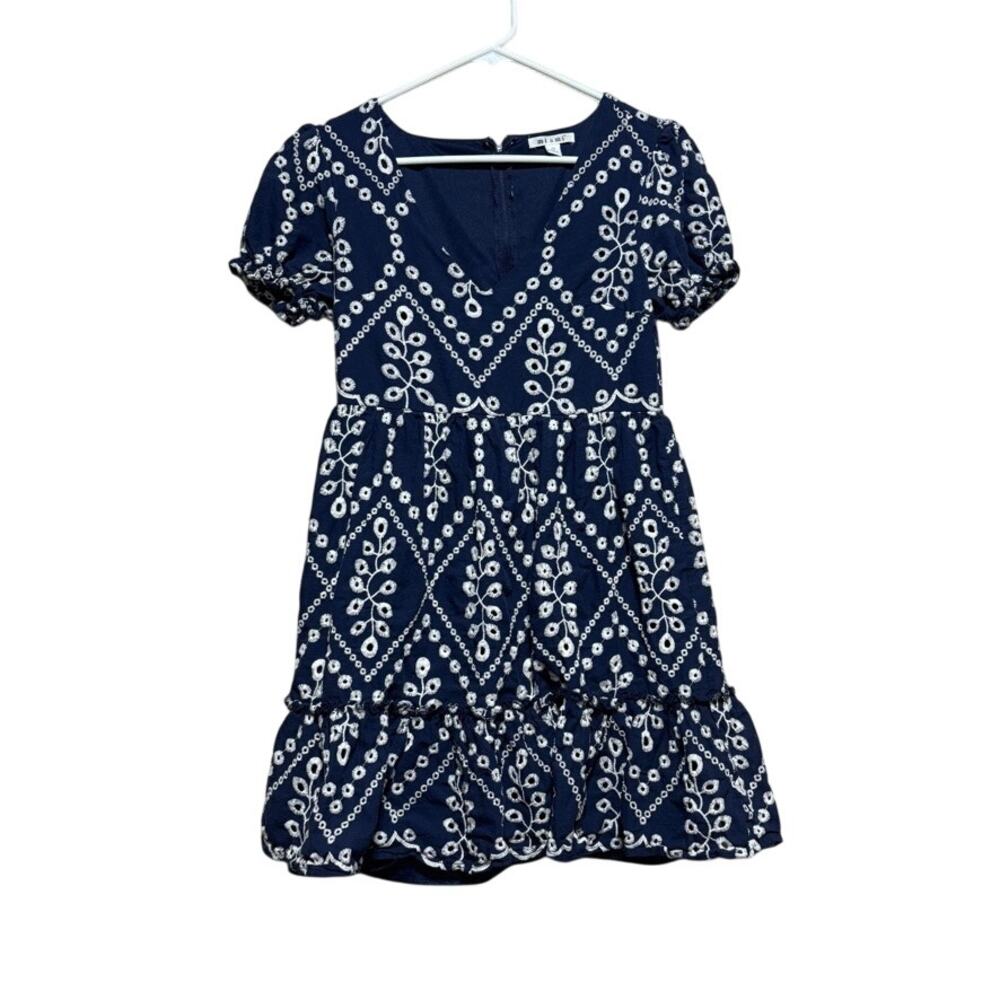 Mi Ami Francesca's MIni Dress Size M Navy Ruffle Embroidered V-Neck